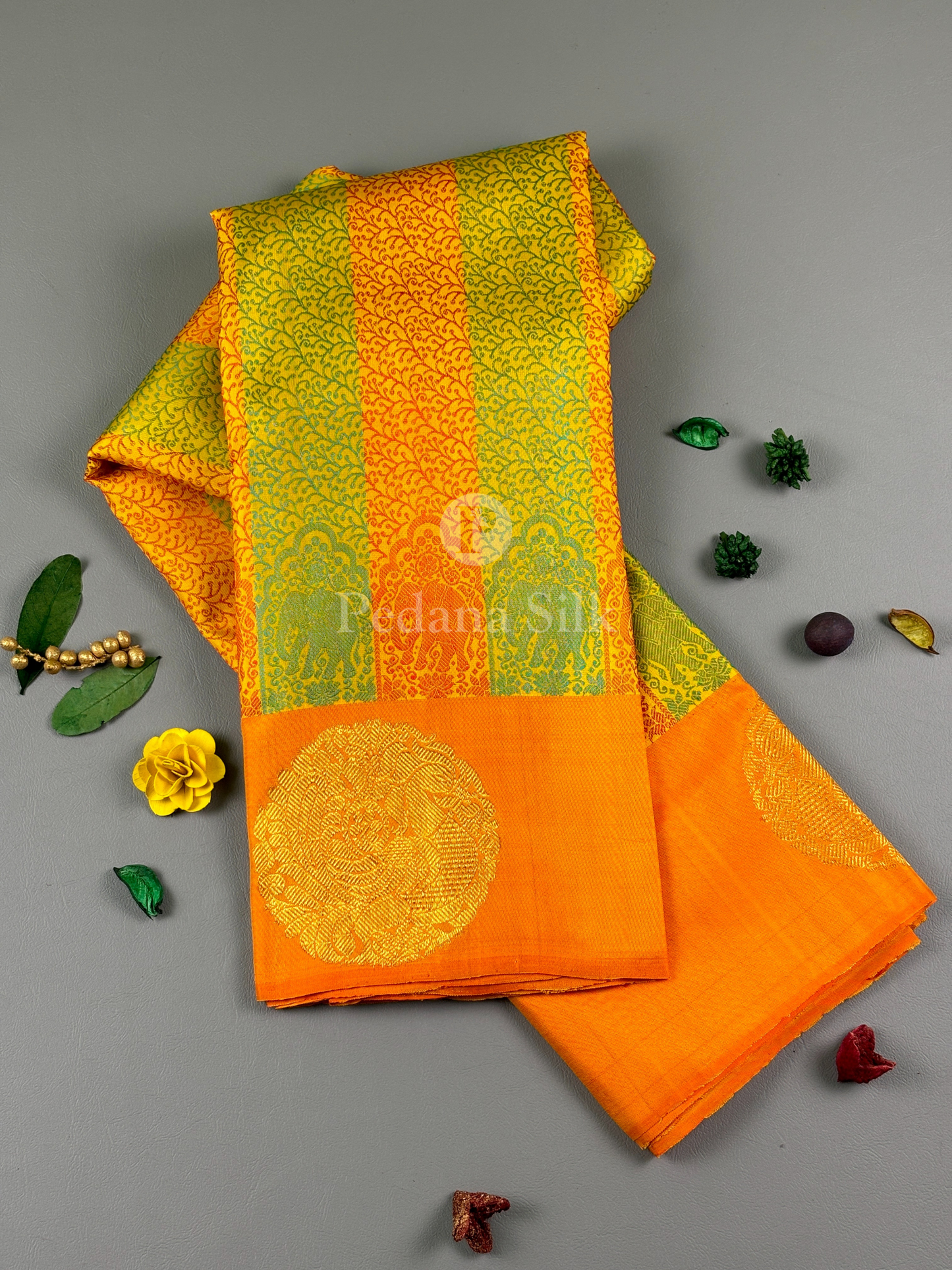 A Citrus Carnival Three Hued Kanjivaram Silk Saree