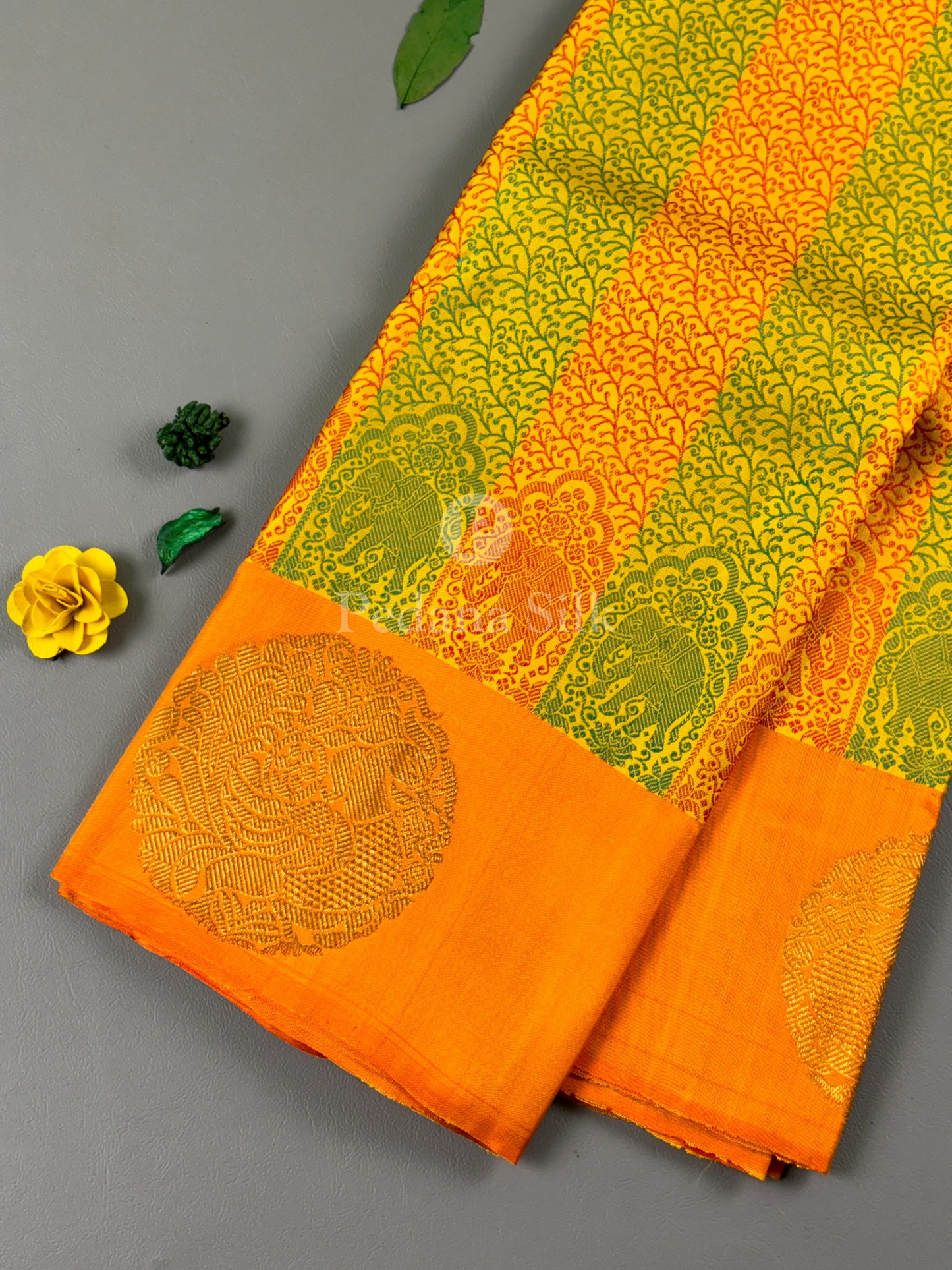 A Citrus Carnival Three Hued Kanjivaram Silk Saree