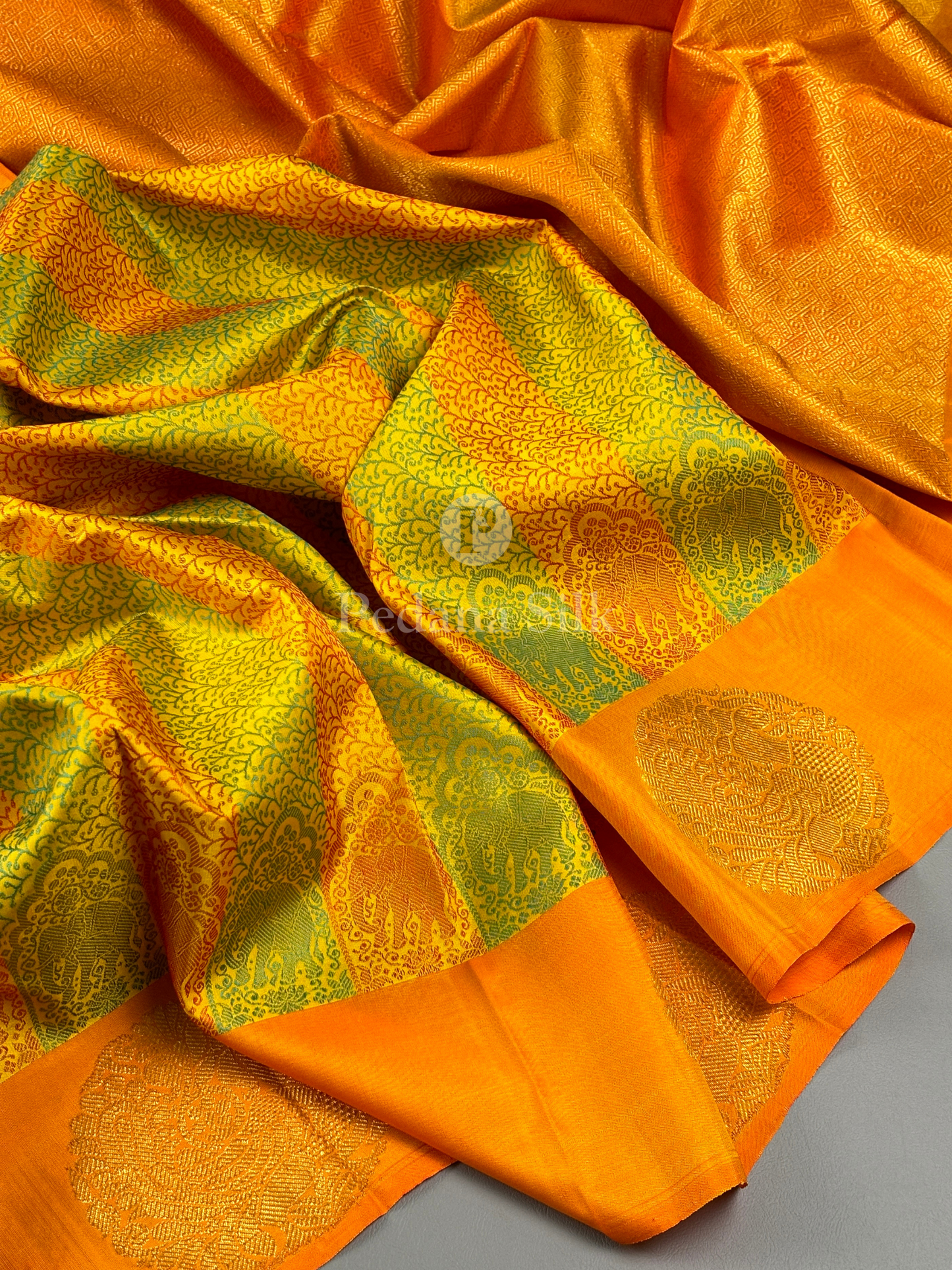 A Citrus Carnival Three Hued Kanjivaram Silk Saree